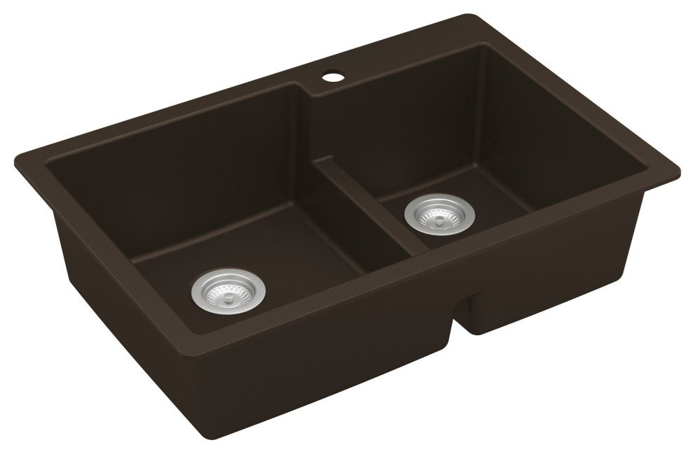 Karran 33" Top Mount Large/Small Bowl Quartz Kitchen Sink, Brown