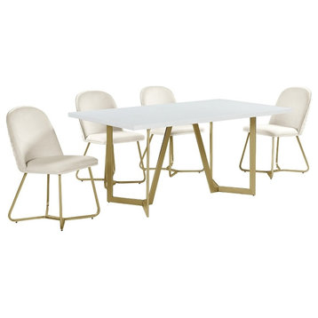 5pc White Wood Top Dining Set with Cream Velvet Chairs and Gold Base