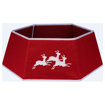 26.75" Red Burlap With Reindeer Hexagonal Christmas Tree Collar