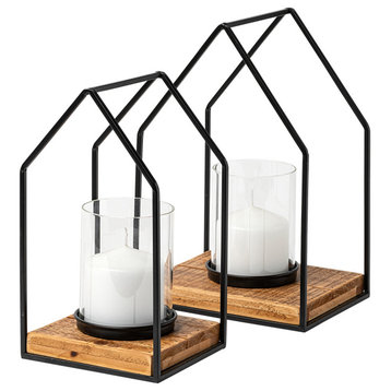 Leopold 2-Piece Set Black Metal Wooden Base Table Candle Holders