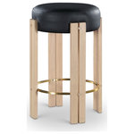 Meridian Furniture - Harrison Upholstered Counter Stool, Black, Natural Finish - A work of art is the Harrison black vegan leather upholstered counter stool designed to magnify your kitchen or bar area. Its unique design and high-quality materials, including a brushed brass metal footrest and rich natural legs, create a stylish and functional piece. A classic design enhances the luxurious feel to your space for a timeless aesthetic.