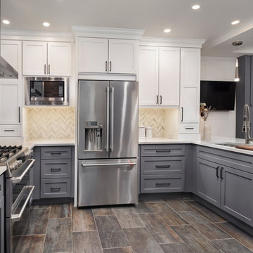 Modern Transitional Two-Tone Kitchen Remodel | White & Gray Cabinets, Brick