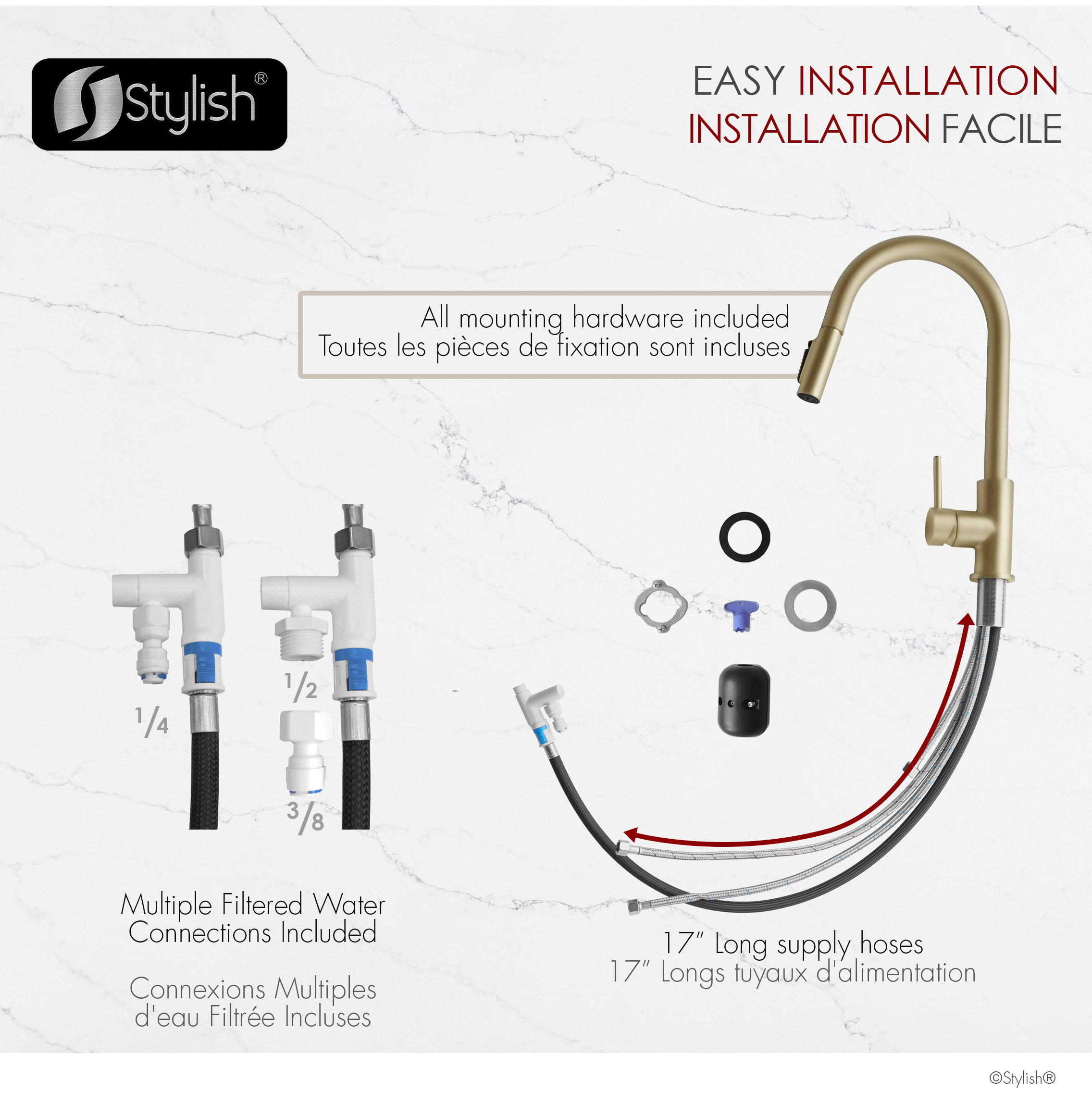 Single Handle Pull Down Kitchen Faucet With Reversible Osmosis, Brushed Gold