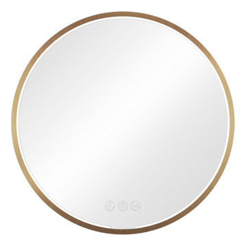 Round LED Bathroom Antifog Mirror, Dimmer, Matte Gold, 32"