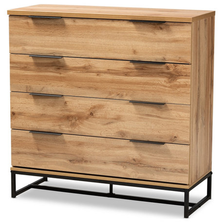 Reid Contemporary Industrial Oak Finished Wood and Black Metal 4-Drawer Dresser