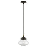 Livex Lighting - Avondale 1 Light Bronze With Antique Brass Accent Mini Pendant - The Avondale mini pendant puts a new spin on schoolhouse style. The curvy clear glass shade is paired with bronze finish details, along with an antique brass finish accent, creating a look that is great for any space.