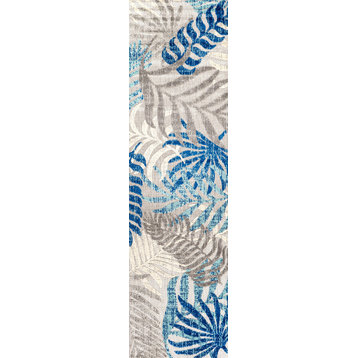 Tropics Palm Leaves Indoor/Outdoor Area Rug, Gray/Blue, 2 X 8