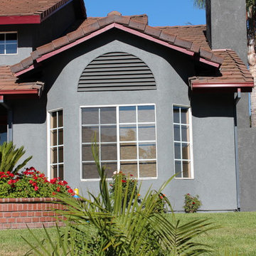 Seamless Box Style Gutters, Colonial Red, Storm Gray Downspouts