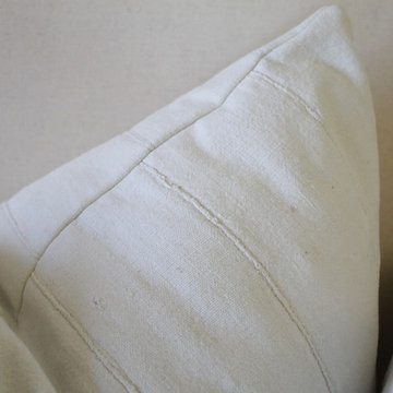Pair of off White African Mudcloth Pillows with Original Fringe Accents
