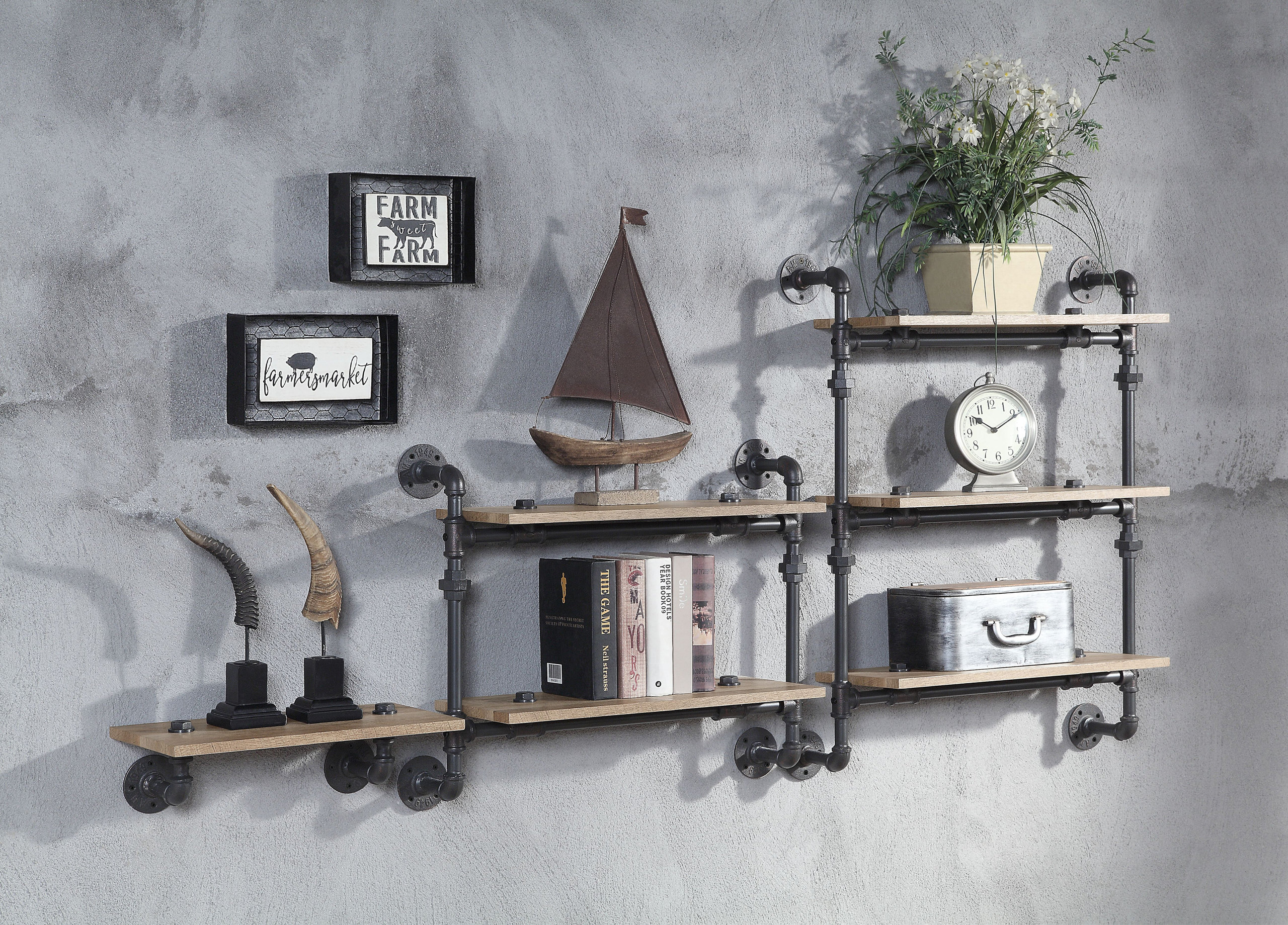 ACME Brantley Wall Rack With 2 Shelves, Oak and Sandy Black Finish ...