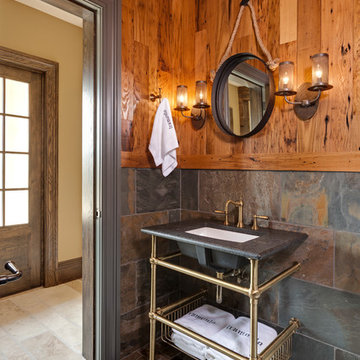 Reclaimed Wormy Chestnut Paneling in a Rustic Powder Room