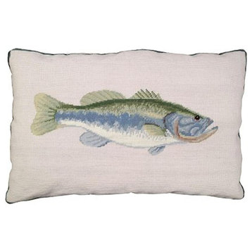Throw Pillow Bass Needlepoint Fish 16x28 28x16 Cotton Velvet Back