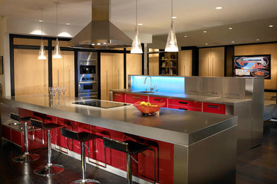 Design ideas for a contemporary l-shaped kitchen in San Diego with flat-panel cabinets, red cabinets, stainless steel appliances, dark hardwood floors and with island.