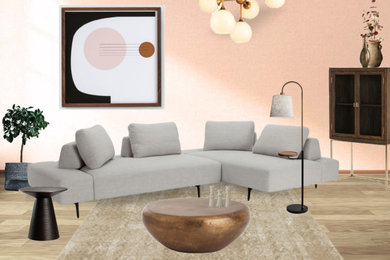 Mid-sized trendy open concept medium tone wood floor living room photo in Edinburgh with pink walls