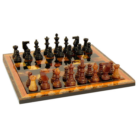 Black and Brown Alabaster Wood Frame Chess Set