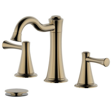 Konya Double Handle Gold Widespread Faucet, Drain Assembly Without Overflow