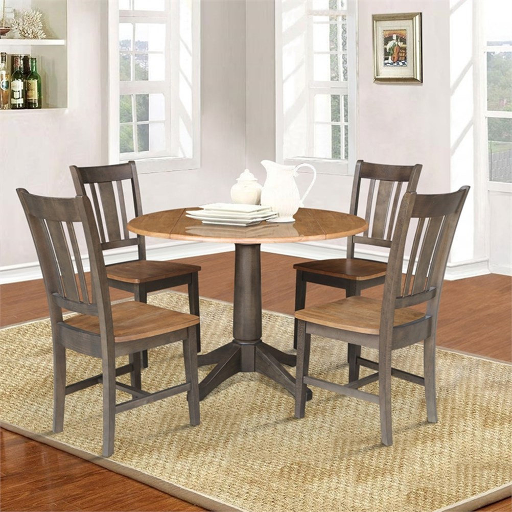 Wood 42 in. Round Drop Leaf Dining Table with 4 Chairs in Hickory ...