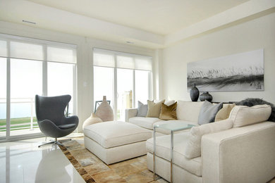 Inspiration for a mid-sized contemporary formal and open concept marble floor and white floor living room remodel in Toronto with white walls, no fireplace and no tv