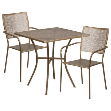 28'' Square Indoor-Outdoor Steel Patio Table Set With 2 Square Back Chairs, Gold