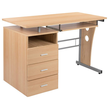 Contemporary Desk, Floating Top With Pedestal Storage Drawers and Shelf, Maple