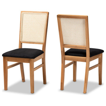 Ayala Mid-Century Black Fabric Upholstered Rattan Dining Chair, Set of 2