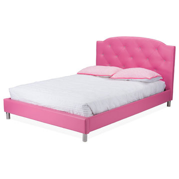 Elegant Platform Bed, Crystal Like Tufted Pink Faux Leather Headboard, Queen