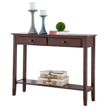 Walnut Wood Console Sofa Table With Storage Drawers and Shelf