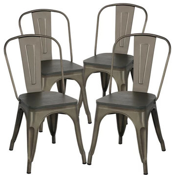 Set of 4 Industrial Dining Chair, Brown Wooden Seat With Open Backrest, Gunmetal
