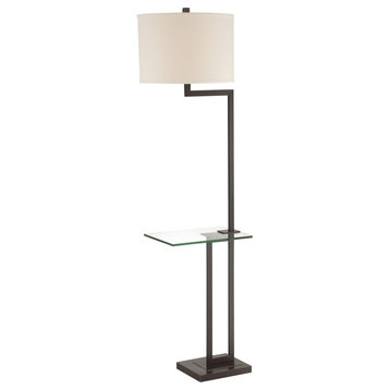 Floor Lamp With Glass Table, Dark Bronze/Linen Shade, E27 A 150W