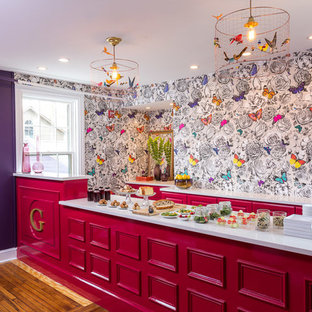 This is an example of a bohemian single-wall wet bar in Providence with red cabinets, quartz worktops, multi-coloured splashback, light hardwood flooring and recessed-panel cabinets.