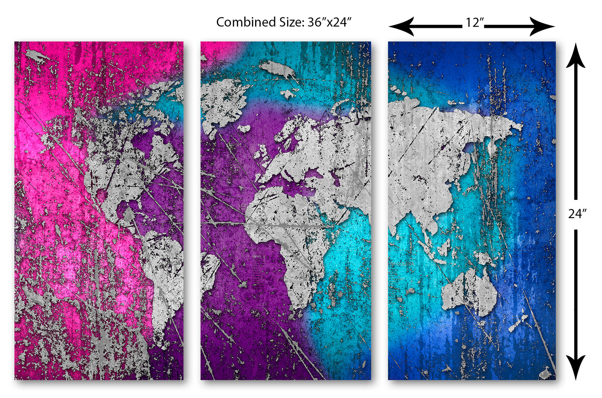 Abstract Silver World Map Canvas Print Wall Art 3 Panel Split, Triptych ...