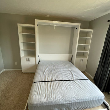 Custom Built Vertical Queen Size Murphy Bed with Side Shelving & Cabinetry