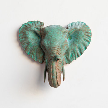 Faux Taxidermy Mini Elephant Head, Copper With Green Patina Home Decor