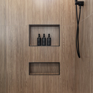 Modern Luxury Master Bathroom with Black Solid Surface Tub
