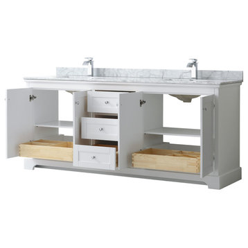 Avery 80" White Double Vanity, Carrara Marble Top, Square Sinks, No Mirror
