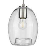 Progress Lighting - Caisson Collection Brushed Nickel 1-Light Mini-Pendant - Infuse your home with the subtle industrial flair of this mini-pendant. Inspired by the outstanding architecture of suspension bridges, the light fixture features a fabric cord that attaches to a beautiful brushed nickel light base and smooth round ceiling plate. A clear glass shade with a rolled rim at its bottom adds an extra touch of artisan inspiration.