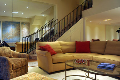 Inspiration for a mid-sized timeless formal and enclosed medium tone wood floor and brown floor living room remodel in DC Metro with beige walls, no fireplace and no tv