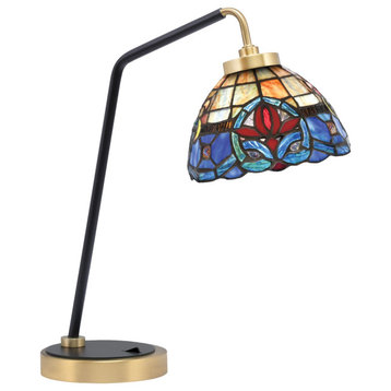 1-Light Desk Lamp, Matte Black/New Age Brass Finish, 7" Sierra Art Glass