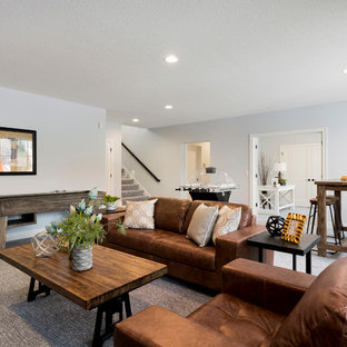 Design ideas for a medium sized modern look-out basement in Minneapolis with grey walls, carpet, a ribbon fireplace, a concrete fireplace surround and grey floors.