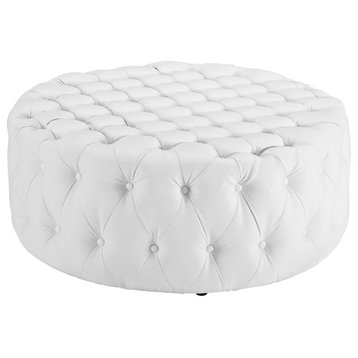 Modern Contemporary Living Lounge Room Ottoman, White, Faux Vinyl Leather