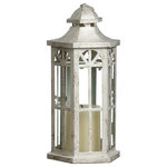 Serene Spaces Living - Serene Spaces Living Medium Antique White Lantern, 14", 6.25", 5.5" - With the six-sided Serene Spaces Living 14-Inch Antique White Lantern, you'll introduce a simple style to your decor that'll lighten and brighten any space. The white metal base, frame and decorative top create an antique appearance, while the gold flecks provide a subtle design element to this piece. With a 14-inch height, 6.25-inch length and 5.5-inch width, the antique lantern is a perfect size for a candle. It looks great when empty, too. You can count on quality design and manufacturing when you order from Serene Spaces Living products, where we make everything with love.