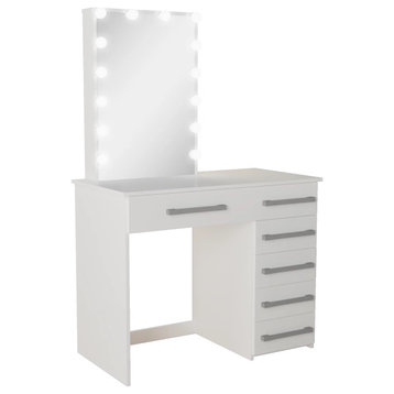 Modern Vanity Table, Lighted Mirror & 6 Drawers With Bar Pulls, White, Usb