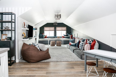 Example of a mid-sized transitional boy vinyl floor and brown floor kids' room design in Orange County with white walls