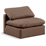 Meridian Furniture - Indulge Upholstered Modular Chair, Brown, Fiber Stuffed Vegan Leather, Armless Chair - Experience ultimate comfort and style with our brown vegan leather Indulge Armless Chair. The luxurious vegan leather will elevate the aesthetic of any room. This chair provides ample space for you to relax while its modular build offers the option of unlimited configurations. Whether you're looking to add a stylish element to your living room or a comfortable seating option to your bedroom, this chair is the perfect choice.