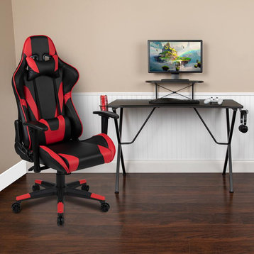 Black Gaming Desk and Red and Black Reclining Gaming Chair Set with Cup Holder