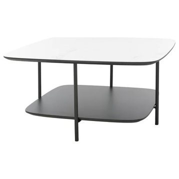 Modern Minimalism Coffee Table, Lower Open Shelf, Faux Marble Top, Black/White