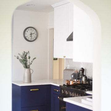 Transitional Kitchen with White and Blue Shaker Cabinets in Seattle, WA