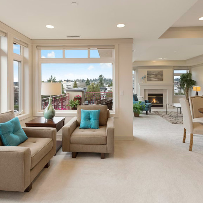 An organized dining and living area.