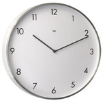 Bai - Futura Aluminum Wall Clock - Brushed aluminum bezel. Screened PVC dial. Spray-painted metal hour and minute hands. Quality silent quartz movement. Requires one AA battery to operate. Gift-boxed. Contemporary style with numbers in matte dark gray Futura font and matching gunmetal hands.