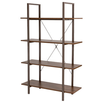 55"H Modern Industry Metal/Wooden 4-Tier Bookcases & Shelves, Walnut Melamine